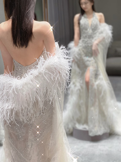Sexy Mermaid Halter Neck Sleeveless Sequin Silver Floor Length Stunning Prom Dresses 2026 Inspiration Prom Dress Princess Graduation Dress AU022