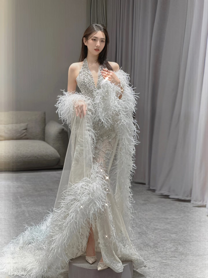 Sexy Mermaid Halter Neck Sleeveless Sequin Silver Floor Length Stunning Prom Dresses 2026 Inspiration Prom Dress Princess Graduation Dress AU022