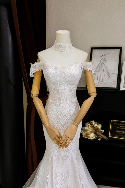 Romantic Women's Mermaid Off The Shoulder With Appliqued Short Sleeves White Lace Tulle Sweep Train Wedding Dresses AU022