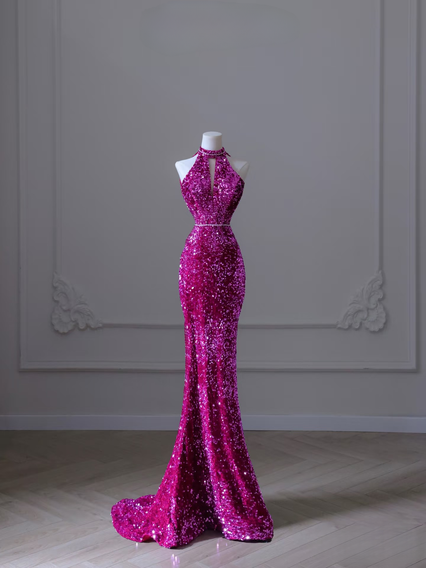 Sexy Mermaid Halter Neck Sleeveless Sequin Floor Length Stunning Prom Dresses 2026 Inspiration Prom Dress Princess Graduation Dress AU023