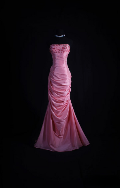 Retro Prom Dresses Mermaid Strapless Pink Organza With Beaded Vintage Long Prom Dresses Party Gowns AU023
