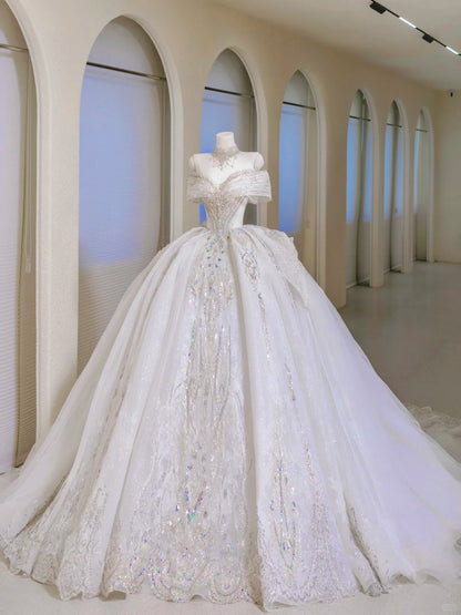 Romantic Women's Ball Gown Off The Shoulder With Appliqued Short Sleeves White Lace Tulle Sweep Train Wedding Dresses AU023