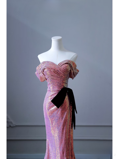 Mermaid Off The Shoulder Pink Sequin Floor Length Stunning Prom Dresses 2026 Inspiration Prom Dress Princess Graduation Dress AU024