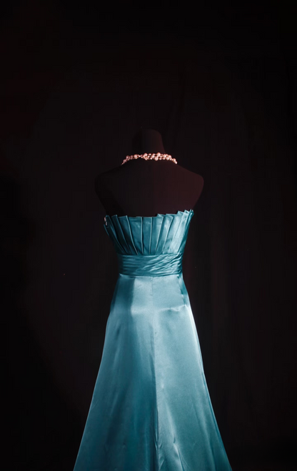 Retro Prom Dresses A Line Blue Strapless 80s With Pleated Satin Vintage Fashion Long Prom Dresses Party Gowns AU025