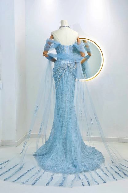 Modest Mermaid Off The Shoulder Blue Sequin Beaded Prom Dresses Long Party Dress Evening Outfits Graduation Dress AU025