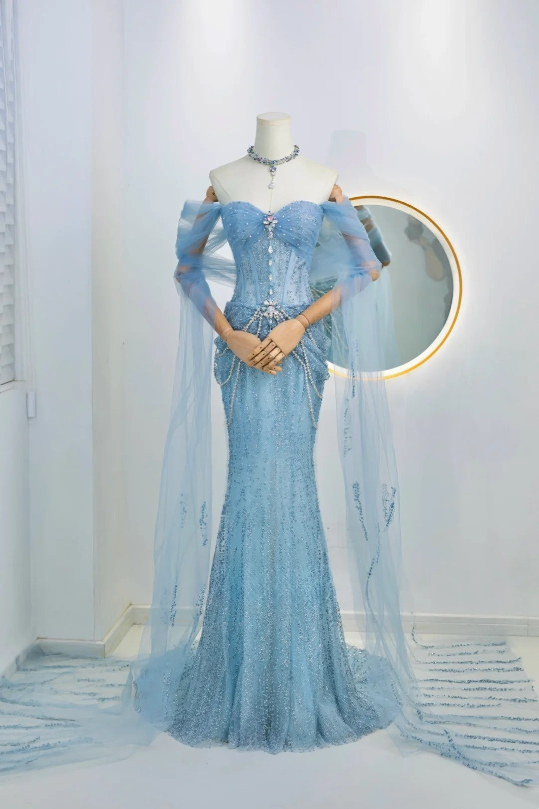 Modest Mermaid Off The Shoulder Blue Sequin Beaded Prom Dresses Long Party Dress Evening Outfits Graduation Dress AU025