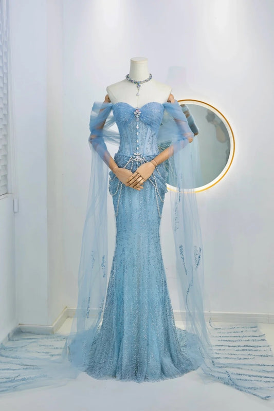 Modest Mermaid Off The Shoulder Blue Sequin Beaded Prom Dresses Long Party Dress Evening Outfits Graduation Dress AU025