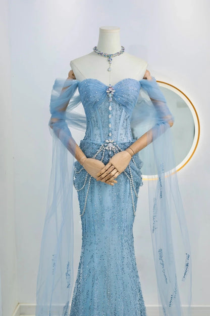 Modest Mermaid Off The Shoulder Blue Sequin Beaded Prom Dresses Long Party Dress Evening Outfits Graduation Dress AU025