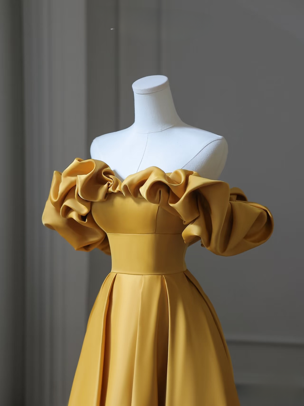 Ball Gown Off The Shoulder Yellow Satin Floor Length Stunning Prom Dresses Inspiration Prom Dress Princess Graduation Dress AU026
