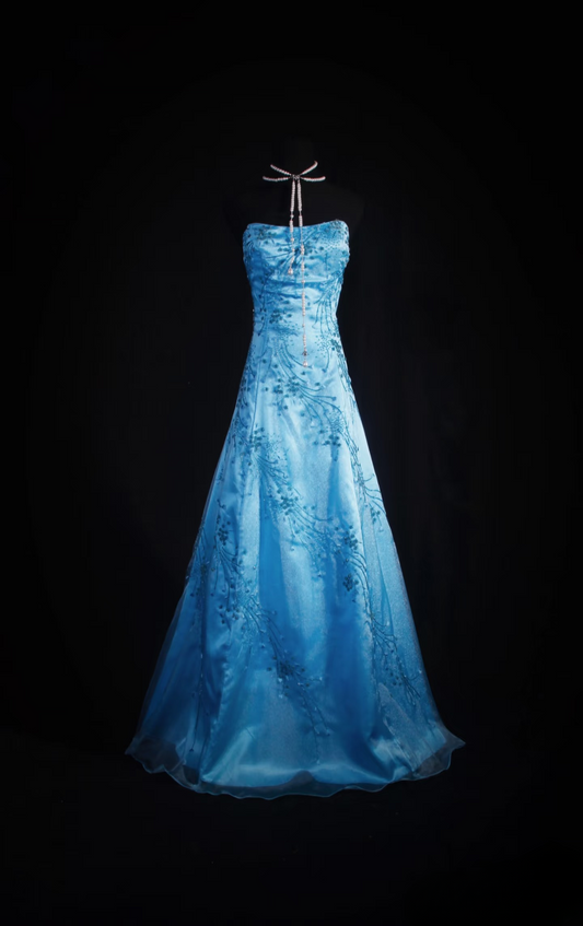 Retro Prom Dresses A Line Strapless Blue Tulle Beaded Vintage Fashion Long Prom Dresses Party Gowns AU026