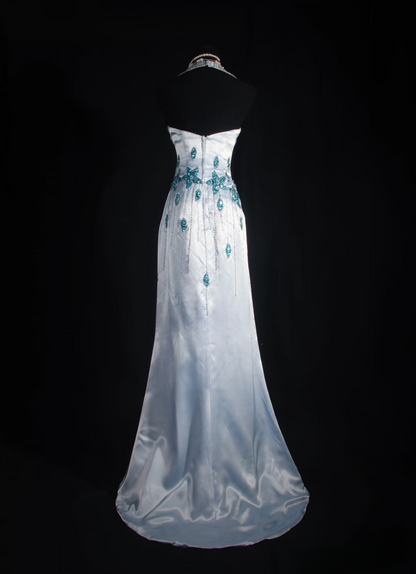 Retro Prom Dresses Mermaid Halter Blue Satin Beaded Vintage Fashion Long Prom Dresses Party Gowns AU027