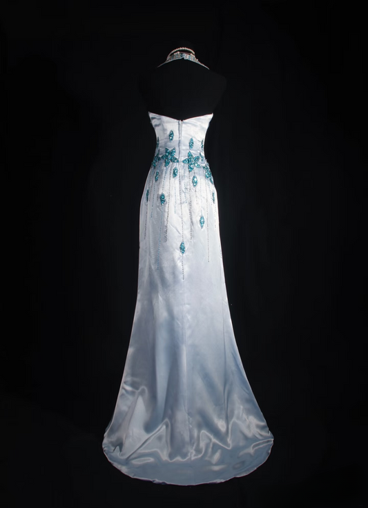 Retro Prom Dresses Mermaid Halter Blue Satin Beaded Vintage Fashion Long Prom Dresses Party Gowns AU027