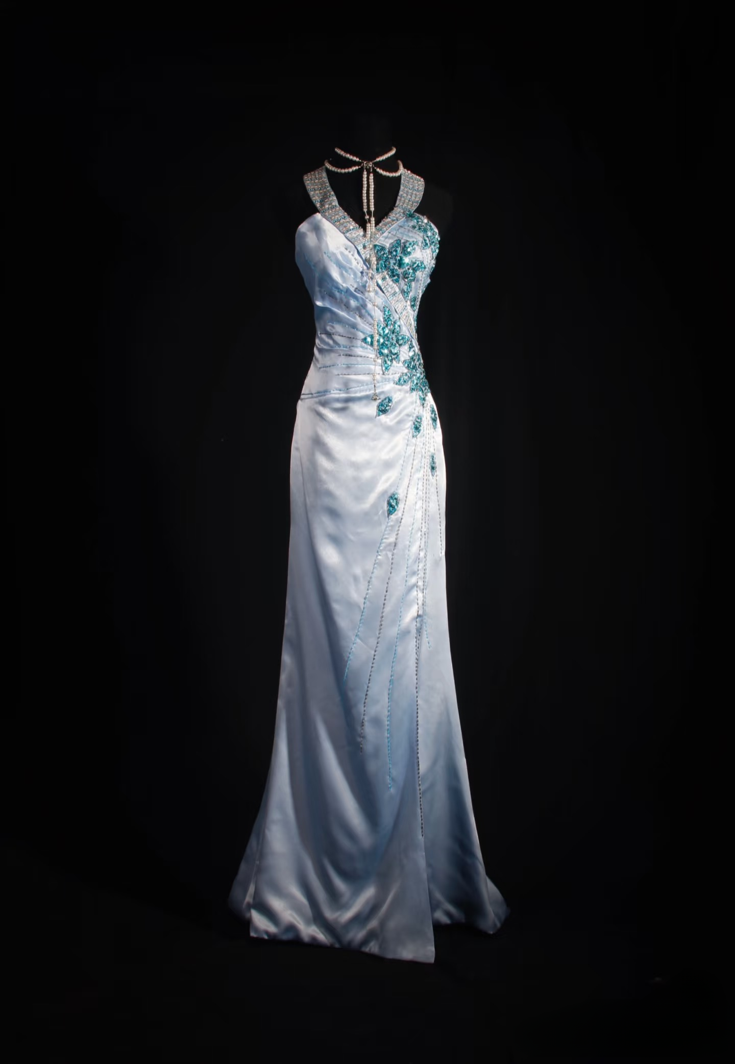 Retro Prom Dresses Mermaid Halter Blue Satin Beaded Vintage Fashion Long Prom Dresses Party Gowns AU027