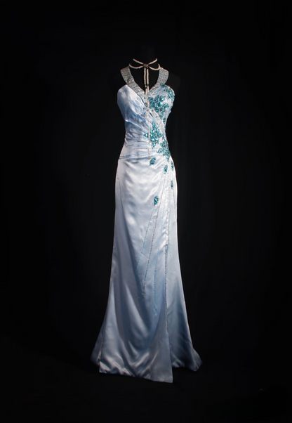 Retro Prom Dresses Mermaid Halter Blue Satin Beaded Vintage Fashion Long Prom Dresses Party Gowns AU027