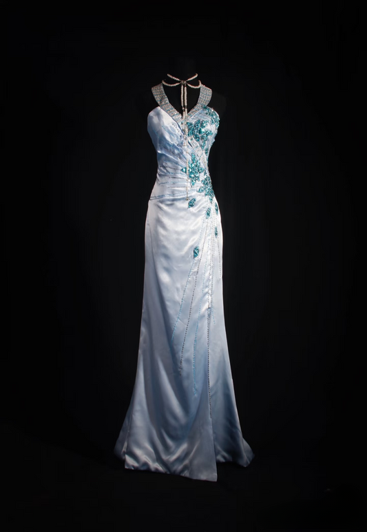 Retro Prom Dresses Mermaid Halter Blue Satin Beaded Vintage Fashion Long Prom Dresses Party Gowns AU027