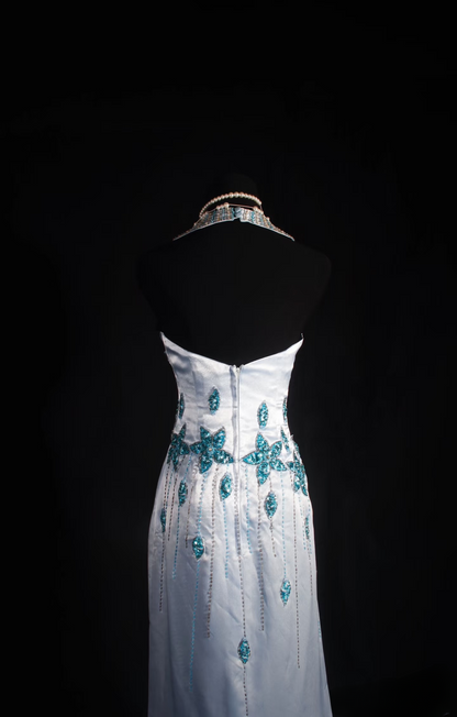 Retro Prom Dresses Mermaid Halter Blue Satin Beaded Vintage Fashion Long Prom Dresses Party Gowns AU027