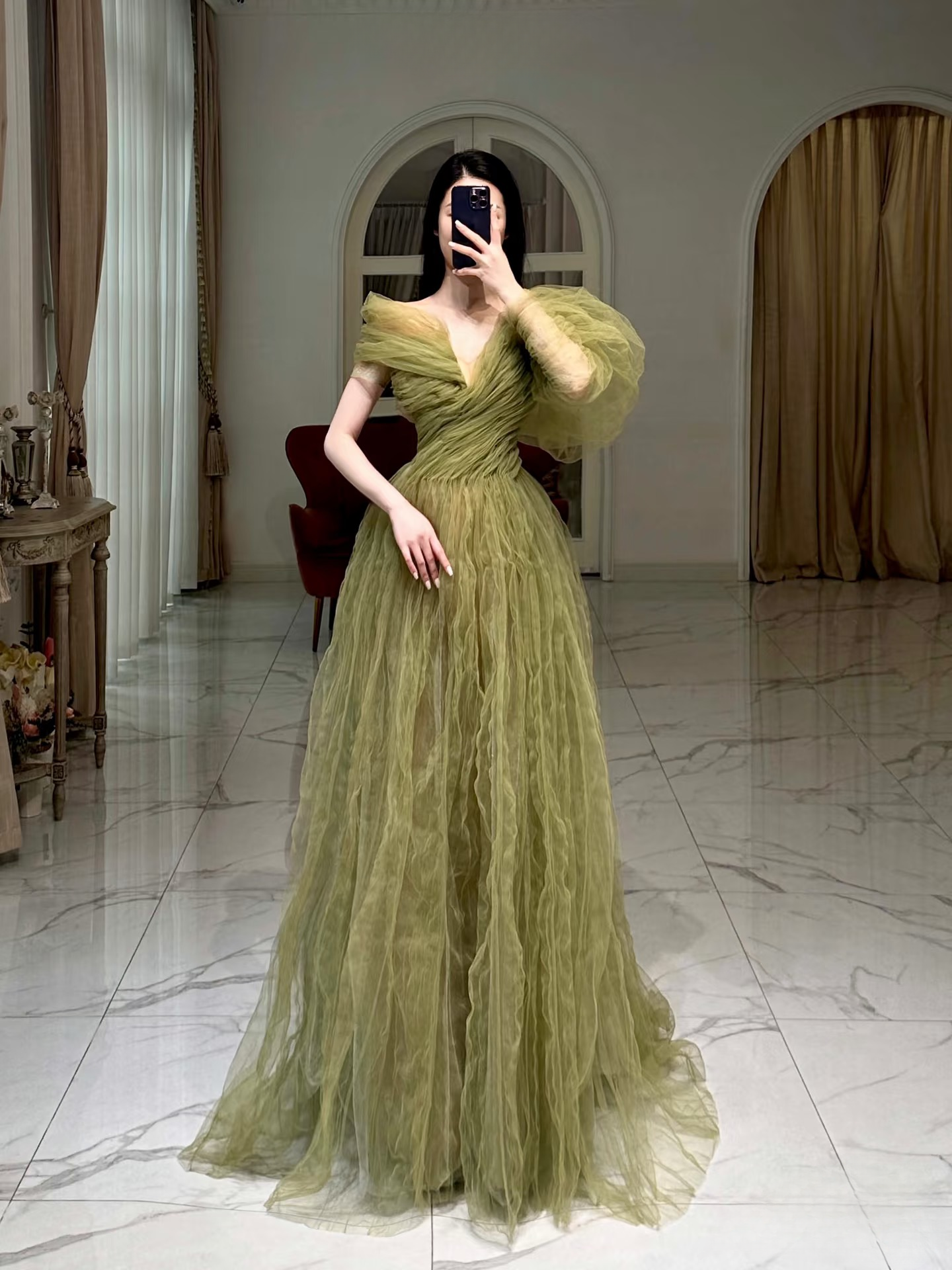 Sexy A Line Off The Shoulder Green Tulle Floor Length Stunning Prom Dresses Inspiration Prom Dress Princess Graduation Dress AU028