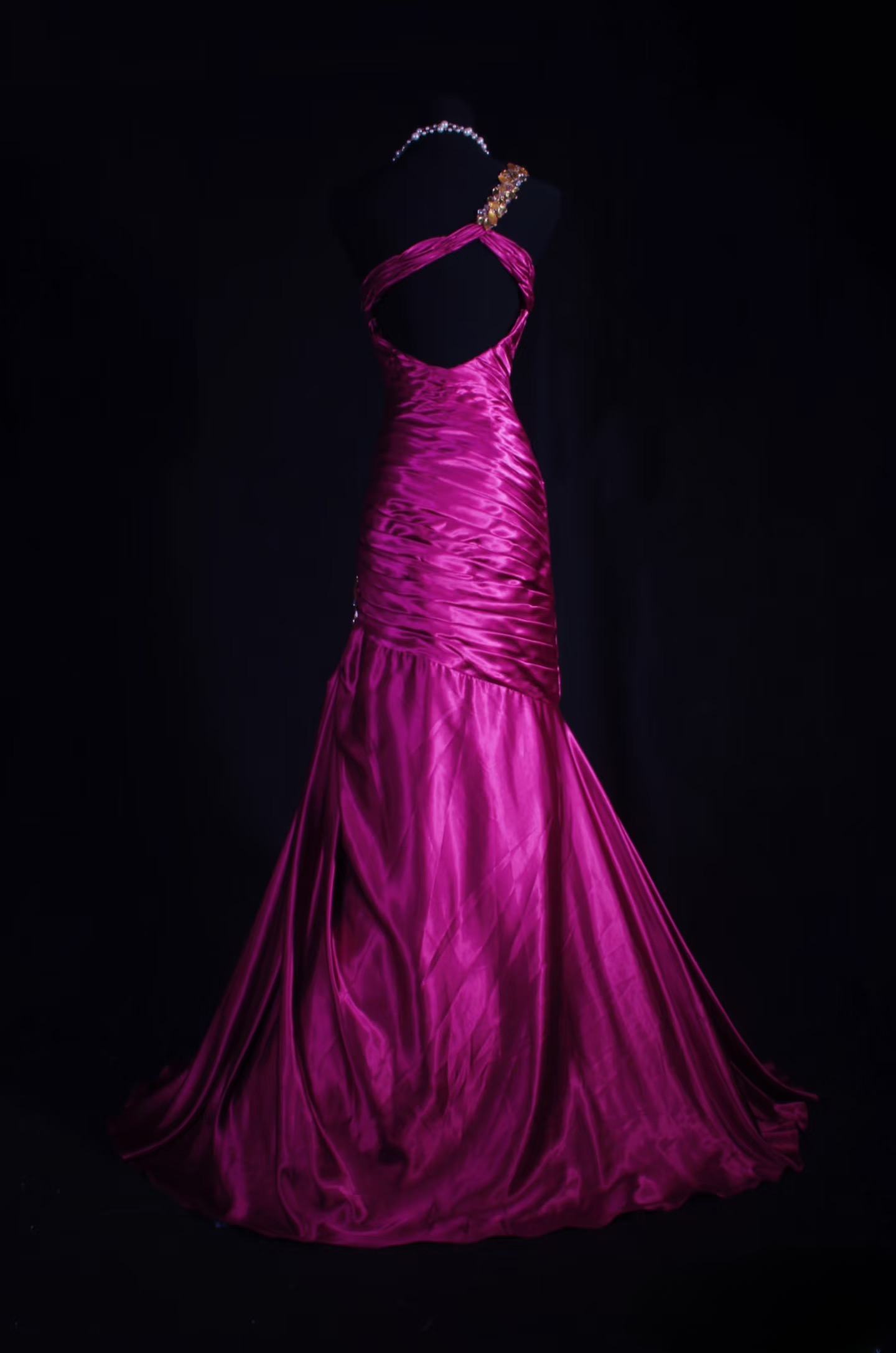 Retro Prom Dresses Mermaid One Shoulder Fuchsia Satin Beaded Vintage Fashion Long Prom Dresses Party Gowns AU028