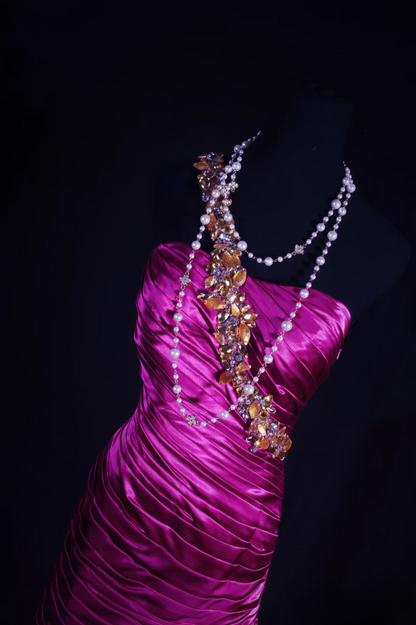 Retro Prom Dresses Mermaid One Shoulder Fuchsia Satin Beaded Vintage Fashion Long Prom Dresses Party Gowns AU028