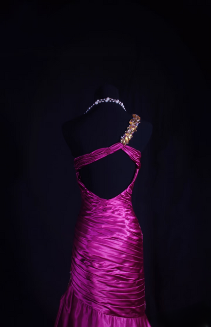 Retro Prom Dresses Mermaid One Shoulder Fuchsia Satin Beaded Vintage Fashion Long Prom Dresses Party Gowns AU028