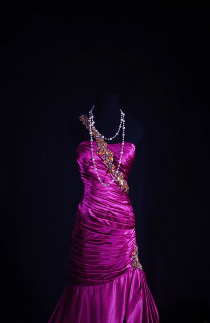 Retro Prom Dresses Mermaid One Shoulder Fuchsia Satin Beaded Vintage Fashion Long Prom Dresses Party Gowns AU028
