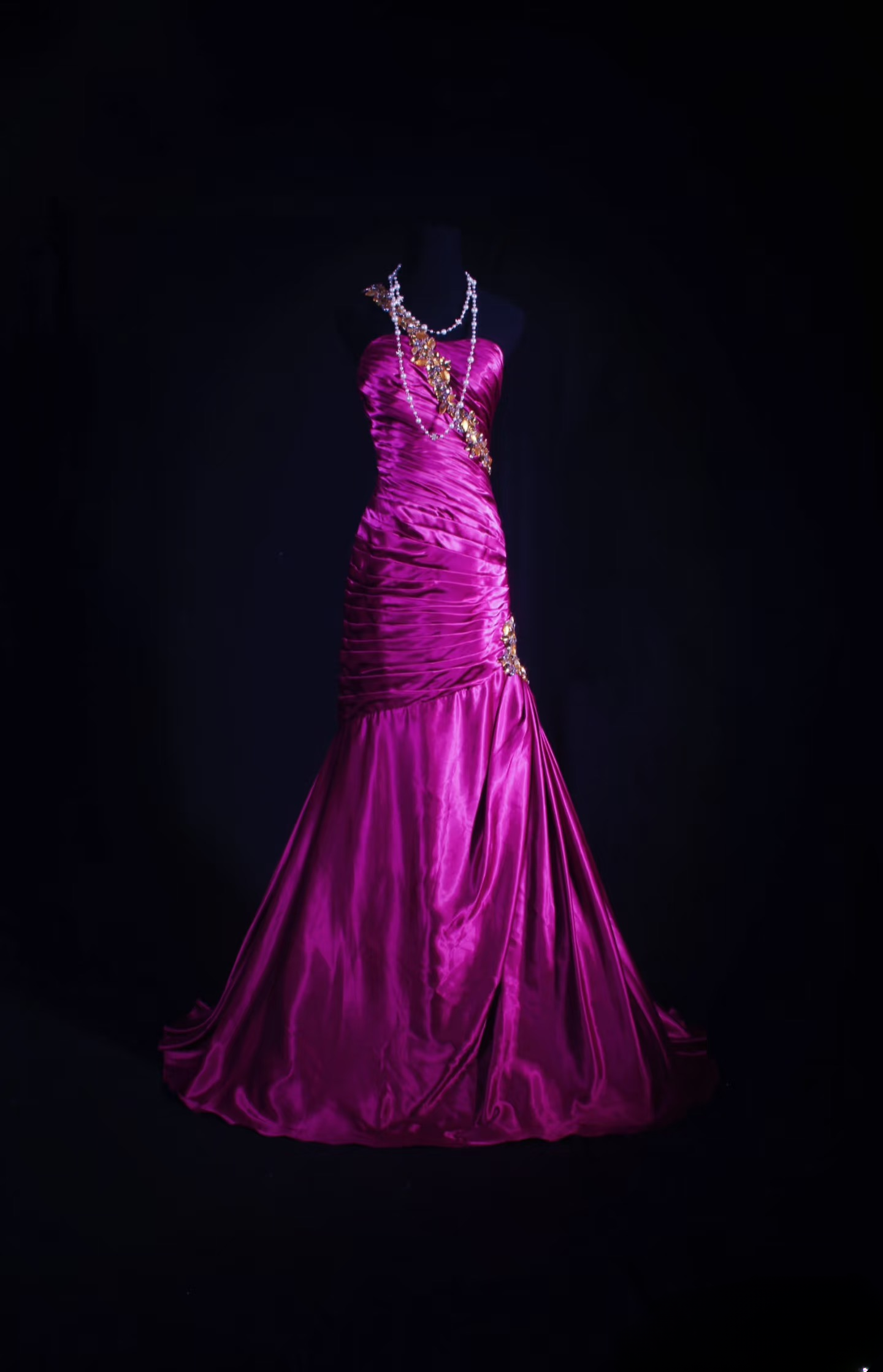 Retro Prom Dresses Mermaid One Shoulder Fuchsia Satin Beaded Vintage Fashion Long Prom Dresses Party Gowns AU028