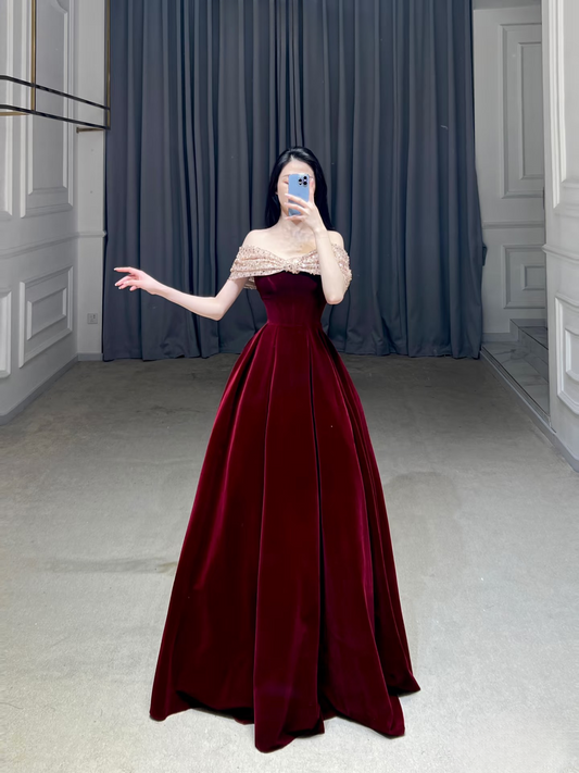 Sexy A Line Off The Shoulder Burgundy Velvet Floor Length Stunning Prom Dresses Inspiration Prom Dress Princess Graduation Dress A029