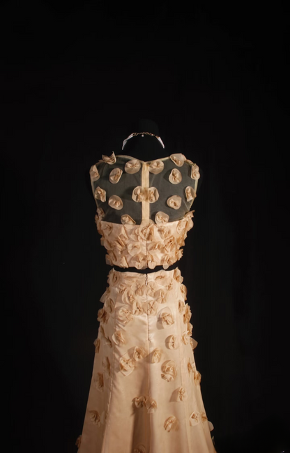 Retro Prom Dresses A Line 2 Pieces Gold Tulle Floral Vintage Long Prom Dresses Party Gowns AU029