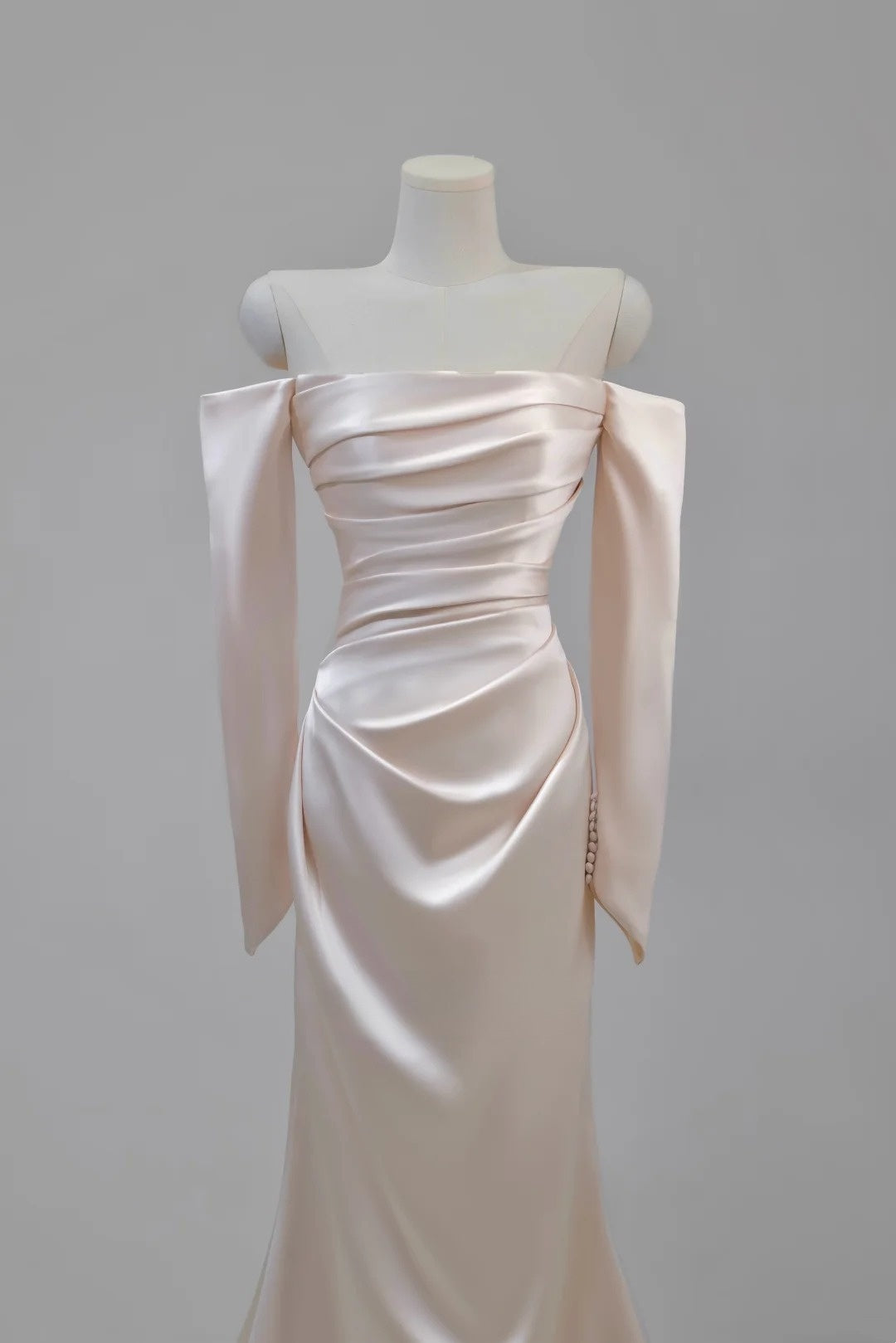 Charming Women's Mermaid Off The Shoulder Satin Light Pink With Long Sleeves Wedding Dresses AU030
