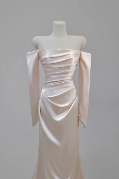 Charming Women's Mermaid Off The Shoulder Satin Light Pink With Long Sleeves Wedding Dresses AU030