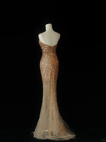 Glitter Mermaid Spaghetti Strap Gold Sequined With High Split Prom Dresses Long Evening Party Formal Outfits RB6580