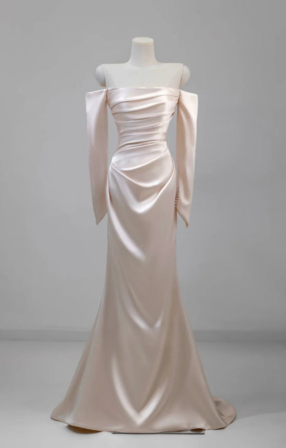 Charming Women's Mermaid Off The Shoulder Satin Light Pink With Long Sleeves Wedding Dresses AU030