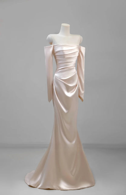 Charming Women's Mermaid Off The Shoulder Satin Light Pink With Long Sleeves Wedding Dresses AU030