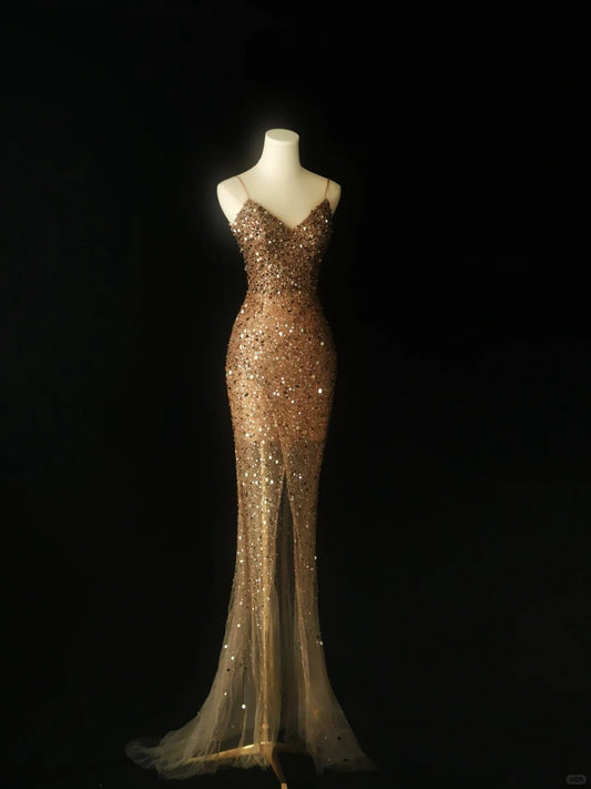 Stunning Mermaid Sweetheart Gold Sequin Long Prom Dresses Inspo Glitter Prom Gown DH2935
