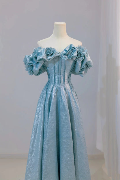 Classy A line Off The Shoulder Blue Floor Length Prom Dresses Formal Dress Birthday Outfits Prom Gown AU031