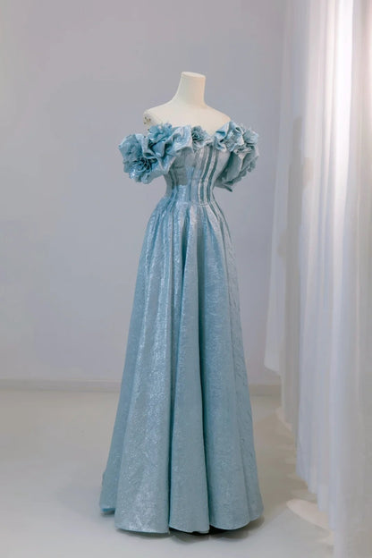 Classy A line Off The Shoulder Blue Floor Length Prom Dresses Formal Dress Birthday Outfits Prom Gown AU031