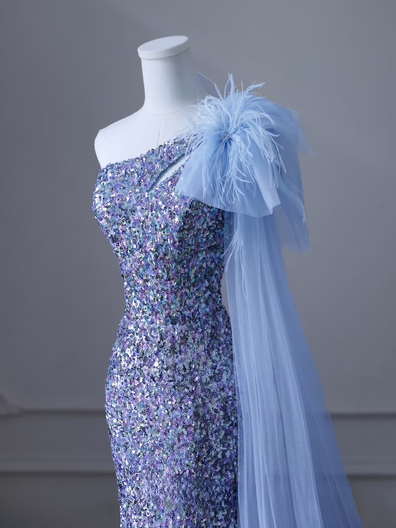 Sexy Mermaid One Shoulder Sleeveless Sequin Floor Length Stunning Prom Dresses Blue Inspiration High School Dance Dress Princess Graduation Dress AU032