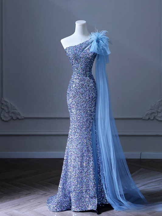 Sexy Mermaid One Shoulder Sleeveless Sequin Floor Length Stunning Prom Dresses Blue Inspiration High School Dance Dress Princess Graduation Dress AU032