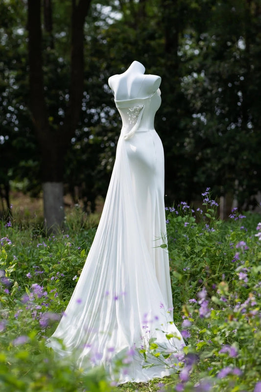Princess Women's Mermaid Spaghetti Straps With Flowers Backless White Floor Length Wedding Dresses AU034