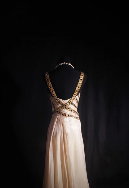 Vintage A Line Strap With Gold Beaded 80s Chiffon Inspiration Long Prom Dresses Evening Party Dress Prom Gowns AU034
