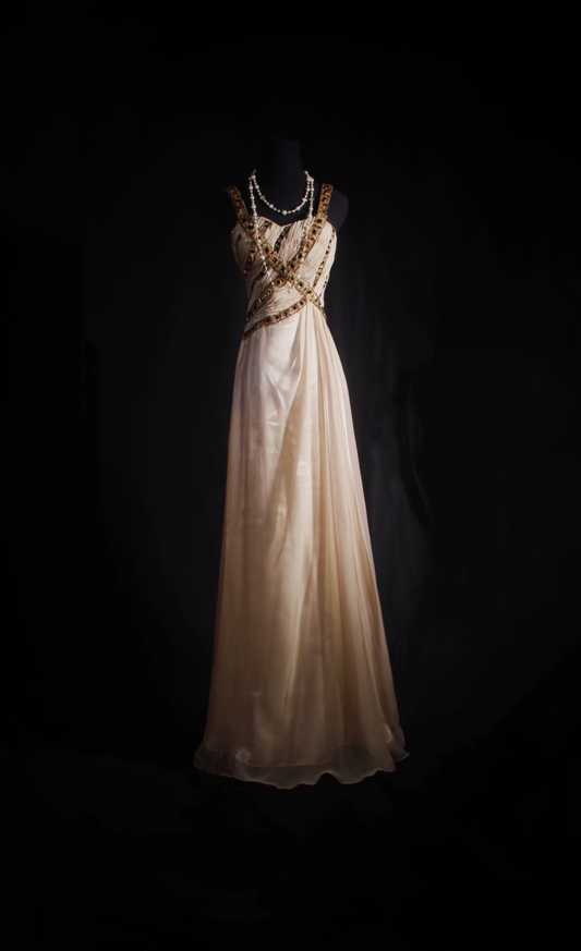 Vintage A Line Strap With Gold Beaded 80s Chiffon Inspiration Long Prom Dresses Evening Party Dress Prom Gowns AU034