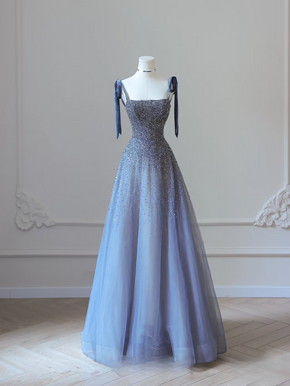 Sexy A line Straps Tulle Sleeveless Sequin Floor Length Stunning Prom Dresses Blue Inspiration High School Dance Dress Princess Graduation Gown AU035