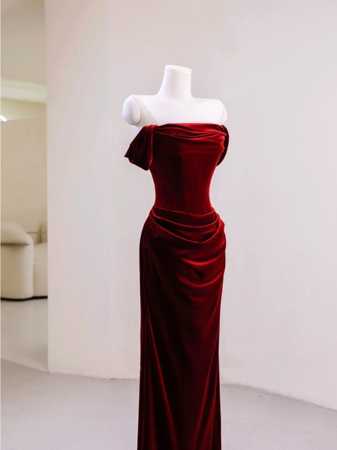 Modest Mermaid Off The Shoulder Burgundy Velvet Prom Dresses Long Party Dress Evening Outfits Graduation Dress AU035