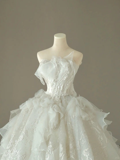 Classic Ball Gown Strapless White Tulle Groom Bride Gown Bridal Dress Style Wedding Dresses RB6986