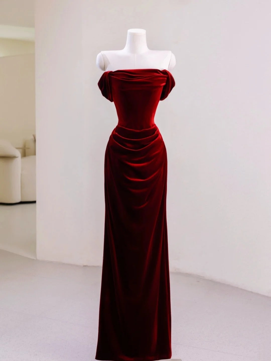 Modest Mermaid Off The Shoulder Burgundy Velvet Prom Dresses Long Party Dress Evening Outfits Graduation Dress AU035