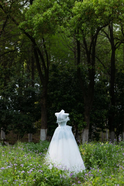 Shinning Ball Gown Strapless Light Sky Blue Tulle Long Prom Dresses Impress 19th Birthday Outfits Prom Gown AU036