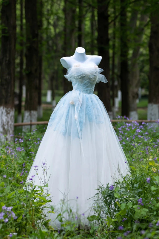 Shinning Ball Gown Strapless Light Sky Blue Tulle Long Prom Dresses Impress 19th Birthday Outfits Prom Gown AU036