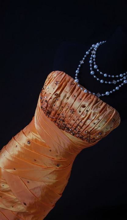 Retro Prom Dresses Mermaid Strapless 50s 60s Beaded Orange Taffeta Vintage Long Prom Dresses Party Gowns AU037