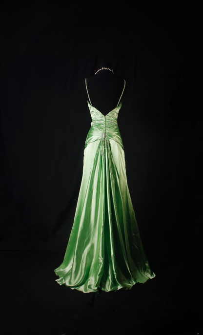 Retro Prom Dresses Mermaid Spaghetti Strap 80s With Silver Beaded Slit Green Satin Vintage Fashion Long Prom Dresses Party Gowns AU038