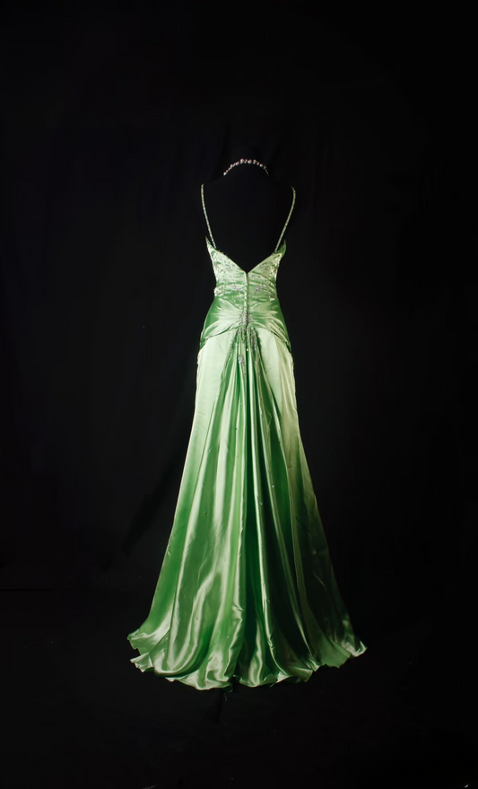 Retro Prom Dresses Mermaid Spaghetti Strap 80s With Silver Beaded Slit Green Satin Vintage Fashion Long Prom Dresses Party Gowns AU038